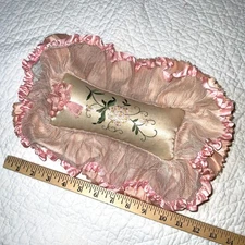 Antique Victorian pin cushion pink ruffle embroidered 
