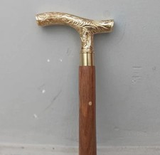 Victorian Style Brass Handle Walking Cane Brown Wooden Gentleman  s Stick Vintage