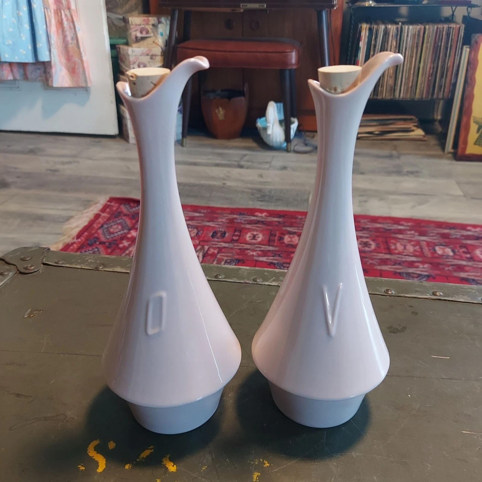 Vintage Hoenig Potteries Blush Pink Ceramic Oil and Vinegar Cruet Set MCM 8 inch