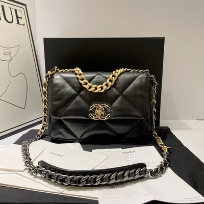 Chanel 19 Bag Black Gold Hardware Chip Full Set Flap Bag