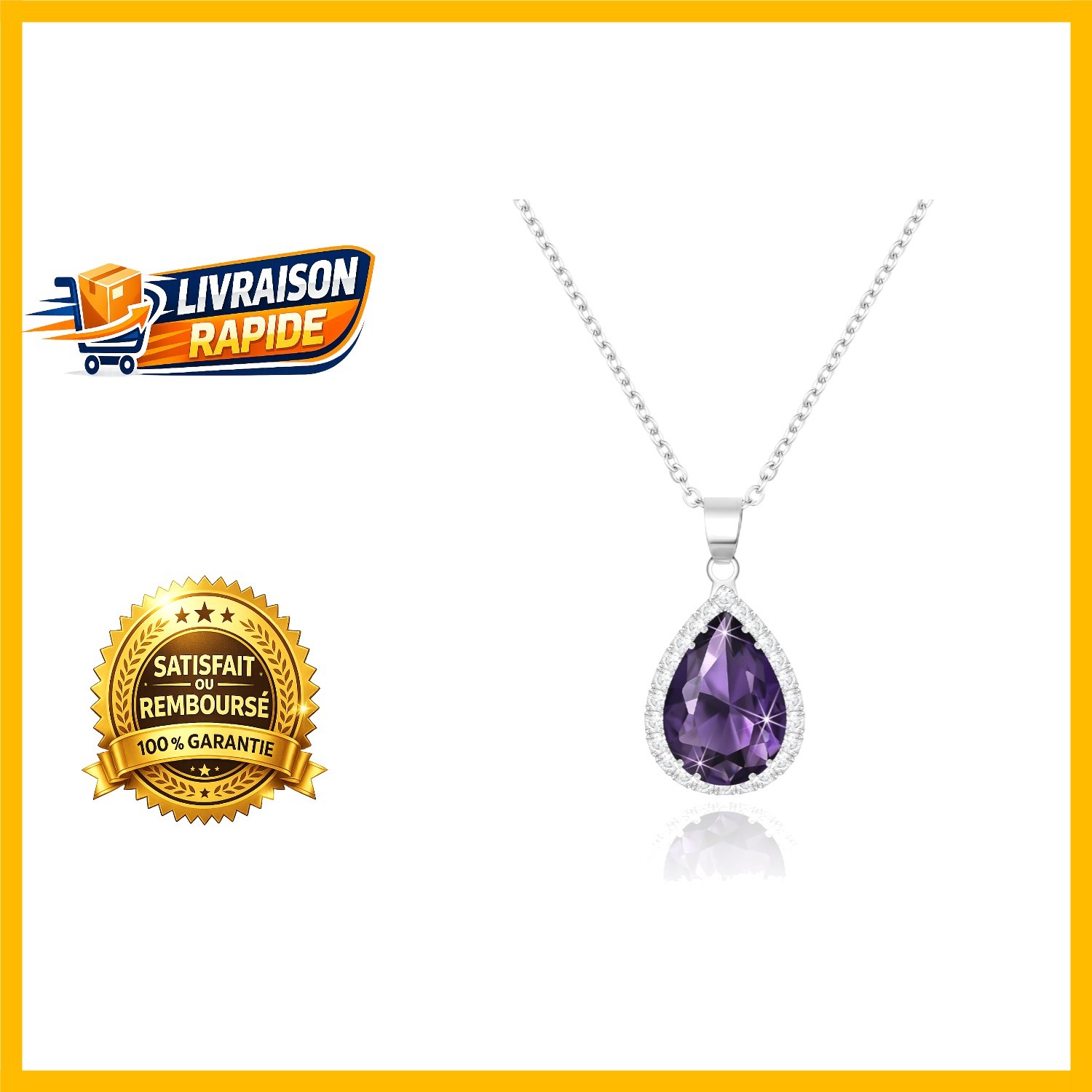 Collier en argent plaqué or blanc de 43cm avec pendentif solitaire zircone brillant