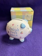 Russ "Baby's First Piggy Bank" Blue Ceramic Mini Vintage Bank NEW with Box