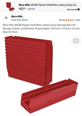 Akro Mils Heavy Duty Shelf Bins 18X4 Durable Storage Containers Organizers Red