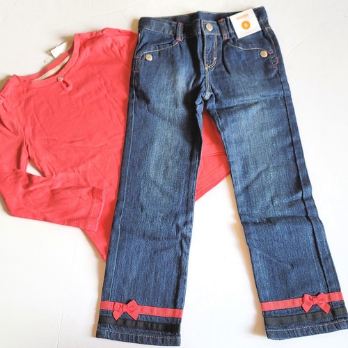 Gymboree Girls 5 "Purrfectly Fabulous" Coral Solid Tee Ribbon Cuff Jeans Set NWT - Picture 2 of 4