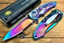 8" Knife Spring Assisted Pocket Open Folding Tactical Alum Handle WOLF Rainbow