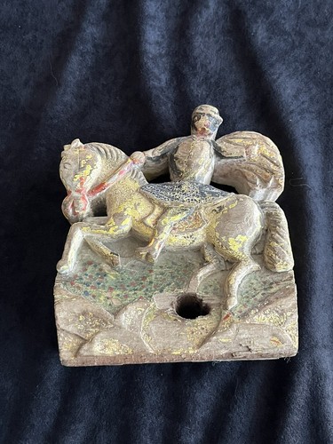 RARE ANTIQUE HANDCARVED WOOD BLOCK SOLDIER ON HORSE HAND PAINTED RECLAIMED WOOD