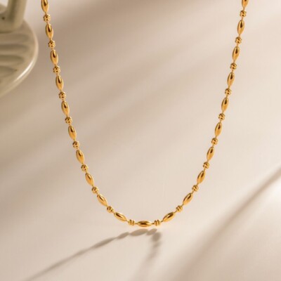 Woman 18k Gold Plated Stainless Steel Oval Beaded Ball Chain Necklace  in