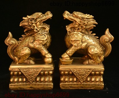 China Chinese Fengshui Brass animal Door Kylin Chi-lin Qilin wealth Statue Pair