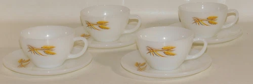 Vintage Fire King White Milk Glass Wheat Tea Coffee Cup & Saucer - Lot of 4 - EX