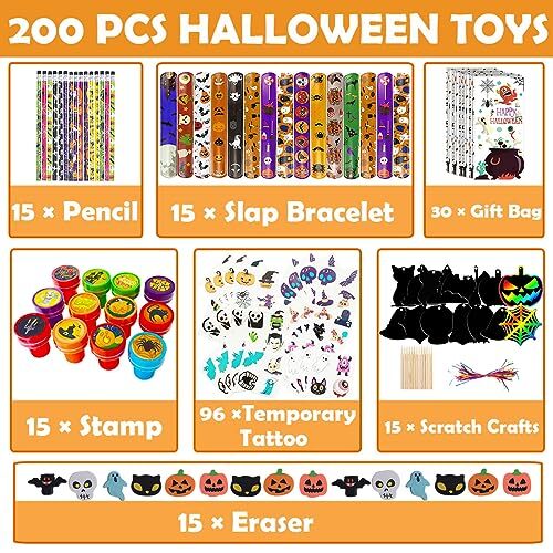 200-Piece Halloween Party Favors Kit - 30 Pack Assorted Non-Candy Goodie Bag Stuffers With Pencils, Erasers, Rulers