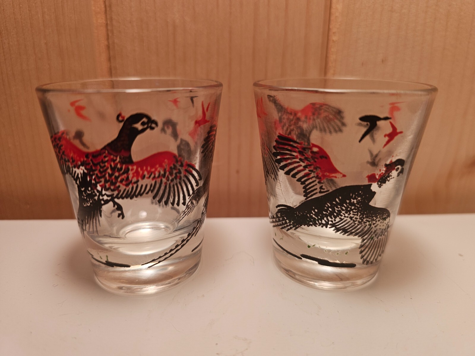 Vintage Mid Century Basement Bar Pheasant Shot Glass Pair Hazel Atlas