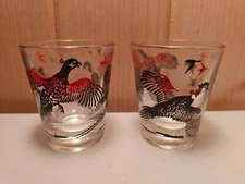 Vintage Mid Century Basement Bar Pheasant Shot Glass Pair Hazel Atlas