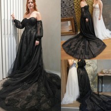 Black Gothic Wedding Dresses Tulle Long Puff Sleeveless Lace A Line Bridal Gowns
