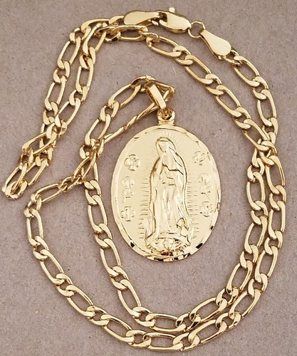 Men's Lady's Yellow Gold Plated LG Oval Virgin Mary Charm & 1x1 Link Chain Set - Picture 4 of 4
