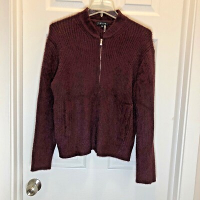 1.State Women's Burgundy Eyelash Zip-Up Cardigan Sweater Size Large 