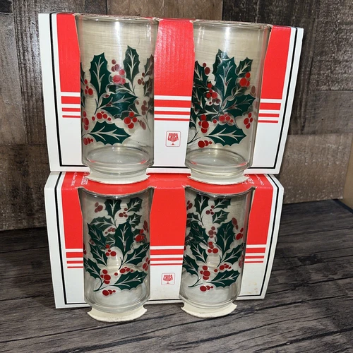 8 Vtg Made In USA Libbey CRISA Glassware Holly Berry Tumblers 16 oz 6"