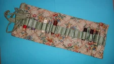 ANTIQUE VTG GUTERMANN SILK THREAD SPOOLS IN OLD FABRIC FLORAL HOLDER
