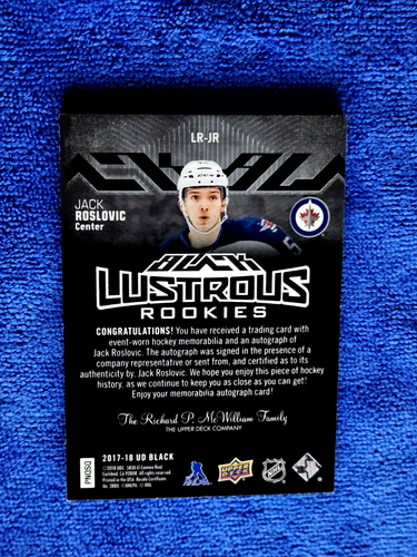 2017-18 Jack Roslovic UD BLACK Lustrous Rookies /65 Rookie Auto Patch #LR-JR 💥 - Picture 8 of 8