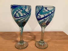 2 Art Hand Blown Glass Turquoise & Blue Swirl Water & Wine Goblets 9”. Mexico