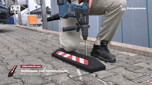 TOPRUBBER® Radstopper, Reflektierend, Refl.Kl. RA2/C, 570x140x75, zum Dübeln - Video 1 von 1