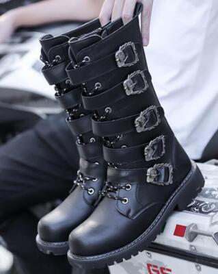 Gothic Men's Punk Lace up Buckle Strap Combat Mid Calf Boots