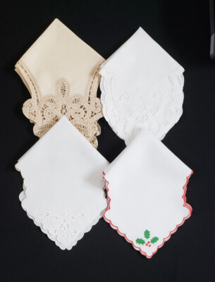 Lot of 4 Vintage Bread/Roll Basket Liners ~ Battenburg Lace, Cutwork, Christmas