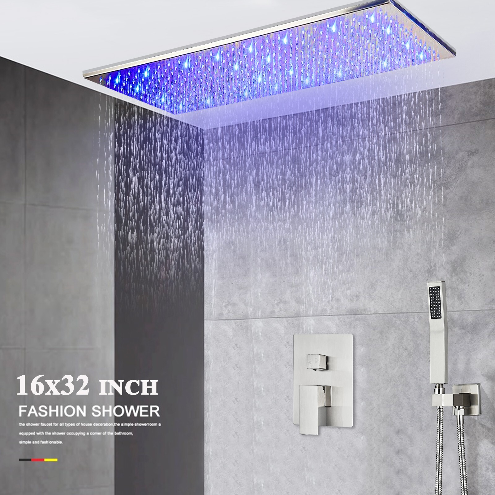 Shower Faucet Set 16x32" Led Rain Shower Head Combo Ceiling 