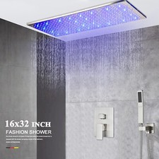 Brushed Nickel Shower Faucet Set 16x32" LED Rain Shower Head Combo Ceiling Mount