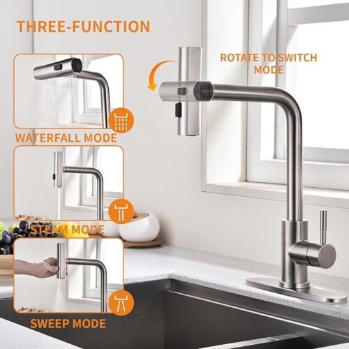3 Function Kitchen Sink Faucet Pull Out Sprayer Single Handle Mixer Tap Brushed - Picture 17 of 24