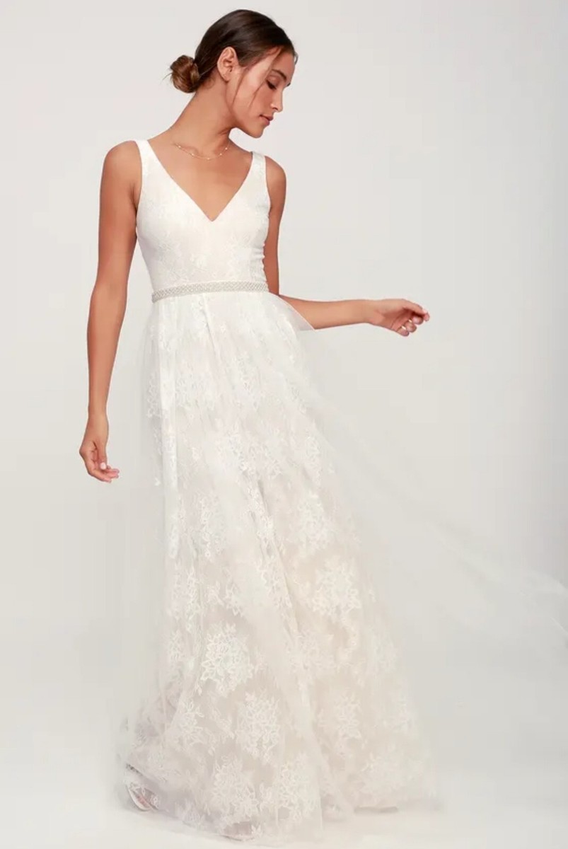 Lulus Sweet Love Ivory Lace Beaded Maxi Wedding Dress Size M Medium Off White Lulus Sweet Love Ivory Lace Beaded Maxi Wedding Dress Size M Medium Off White