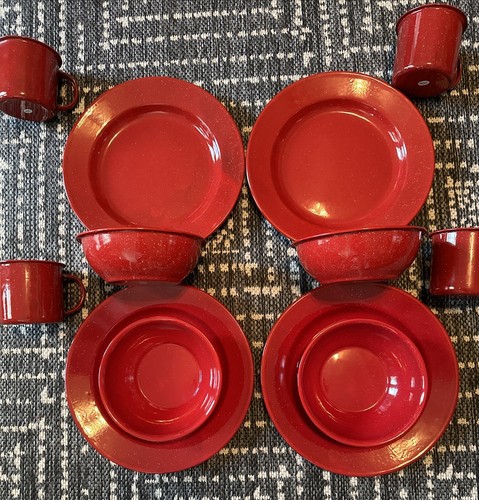Vintage 12-teiliges Set rote Flecken Emaille Teller Becher Schüsseln... Service für 4 - Bild 5 von 12