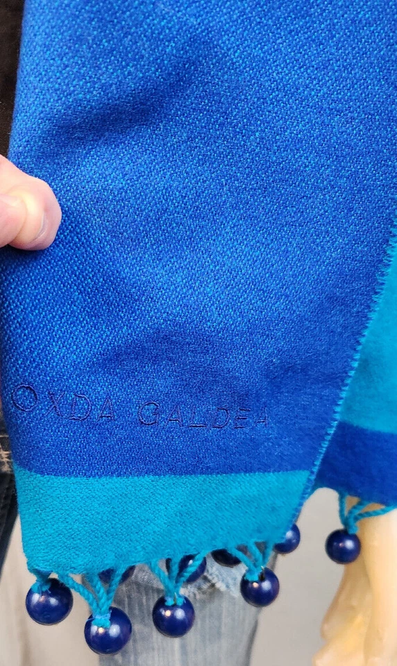 Bufanda de lana reversible borlas con cuentas azules vintage Oxda Galdea 2 tonos Foto 3 de 4