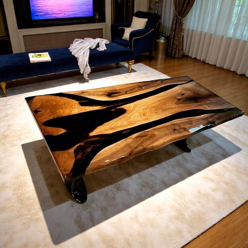30x60 Black Epoxy Wood Modern Resin River Table Handmade Art Furniture-image