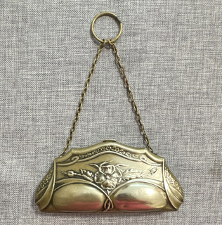 Vintage Art Nouveau metal chatelaine coin purse with finger ring