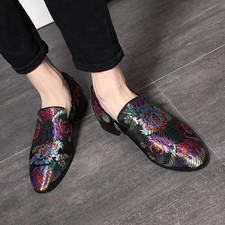Fashion Mens Flat Embroidered Floral Loafers Slip on Round Toe Casual Club Shoes