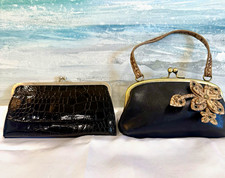 Lot 2 Womens Black Evening Clutch Kiss Lock Black Faux Leather Croc Wallet Lot 2 Womens Black Evening Clutch Kiss Lock Black Faux Leather Croc Wallet