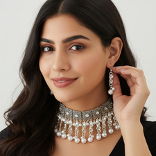 Bohemian Silver Pearl Choker Necklace and Earrings Set for Women Wedding Gift