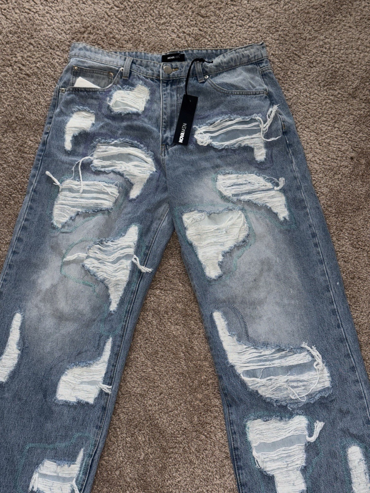 Distressed Light Wash Straight Denim Jeans Blue 5-pocket Design Cotton