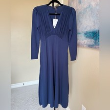 Quince Womens Tencel Jersey V Neck Long Sleeve Midi Dress Navy Extra Small New