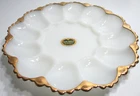 Vintage Anchor Hocking Glass Deviled Egg Server White Milk Glass Gold Trim LABEL