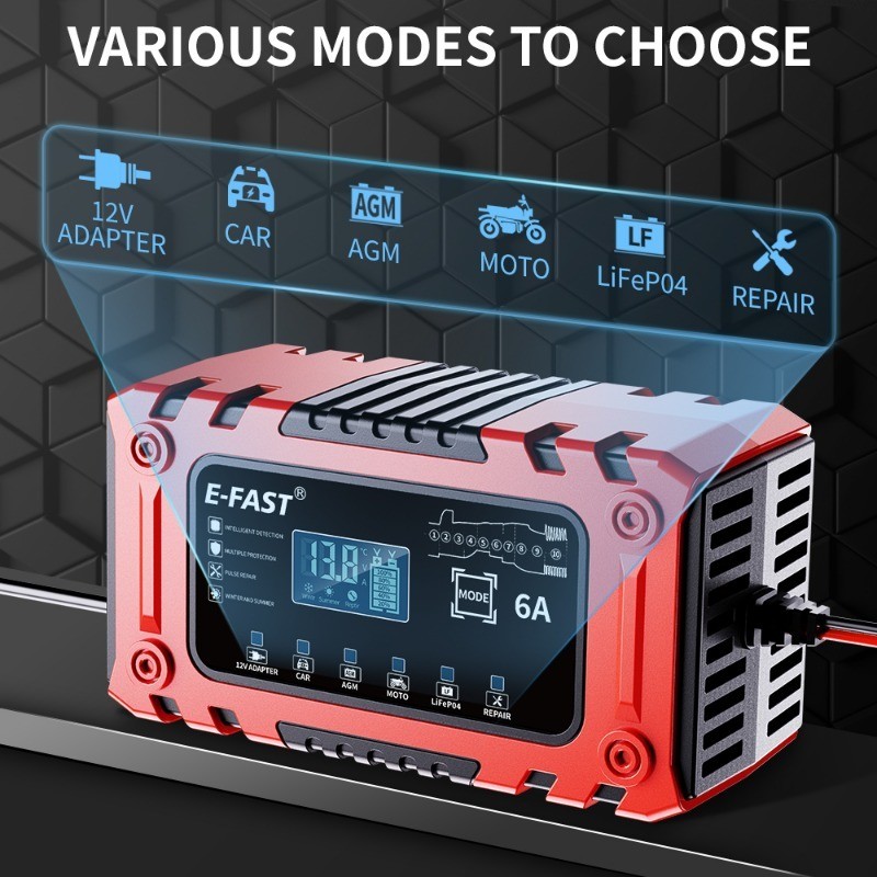 12V 6A Smart Battery Charger w/ Adapter Mode for AGM LiFePO4 Car Lawn Mower