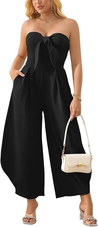 Corset Jumpsuits for Women Tube Top Tie Front Romper Wide Leg Palazzo Pants-image