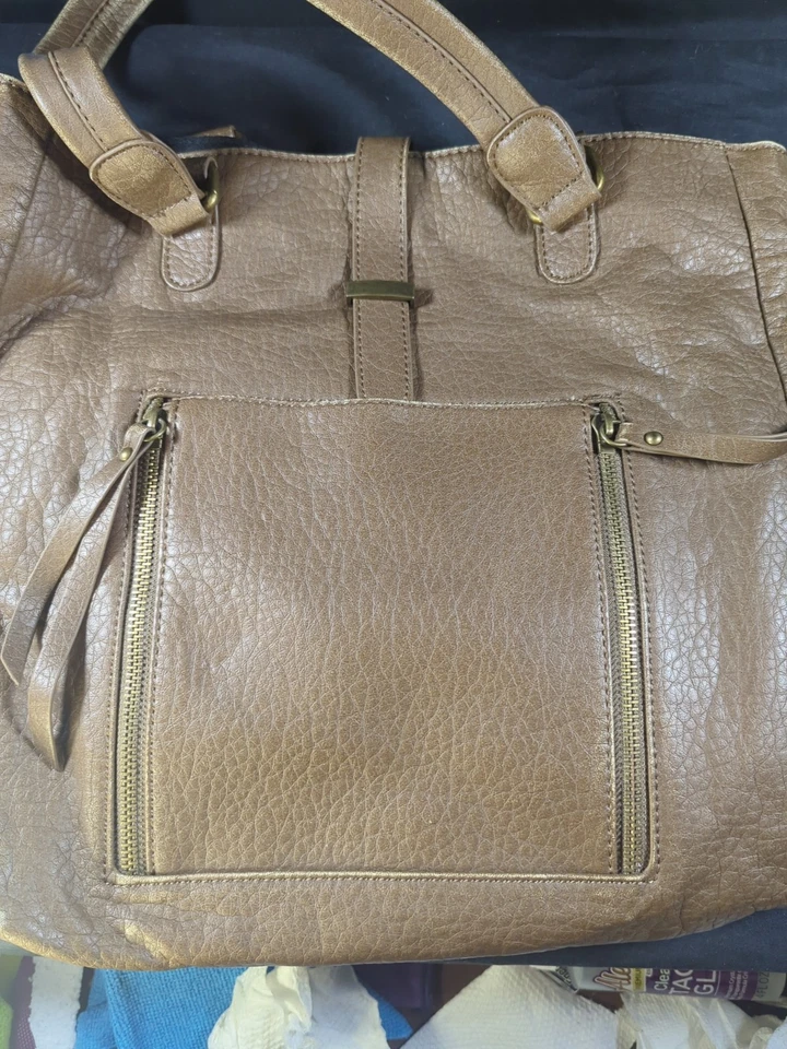 Mossimo Brown Faux Leather Snap Tote Bag Short Handles Classic Utility 5 Pocket - Image 3 of 4