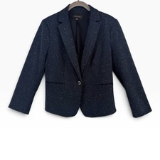Ann Taylor Womens 6 Navy Blue Speckled Knit Blazer One Button Flecked Tweed BB