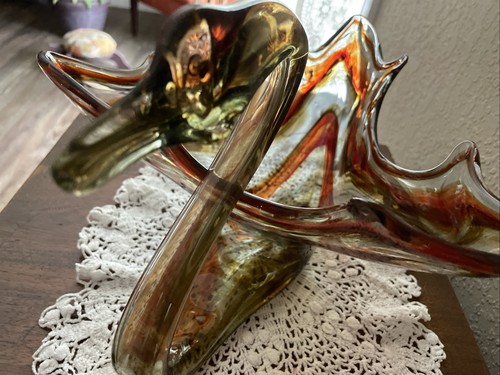 Retro mundgeblasene Kunst Glas Schwan Schale Herzstück orange 13,5" lang x 7 3/4" hoch - Bild 7 von 20
