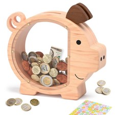 Wooden Piggy Bank for Boys Kids Girls, Clear Large Animal Coin Bank, Unbreakable