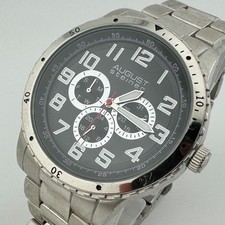 August Steiner Quartz Watch Men 30m Silver Black Day Date Analog New Battery 8"