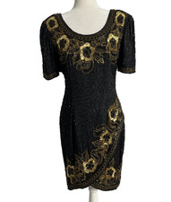 Vtg Stenay Black Gold Silk Beaded Sequin Midi Cocktail Party Dress Sz 8 Women