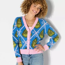 Women's Grinch Festive Graphic Cardigan - Blue XS