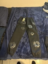 Denim Tears Black Floral Logo Sweatpants Cotton Blend Drawstring Elastic XL